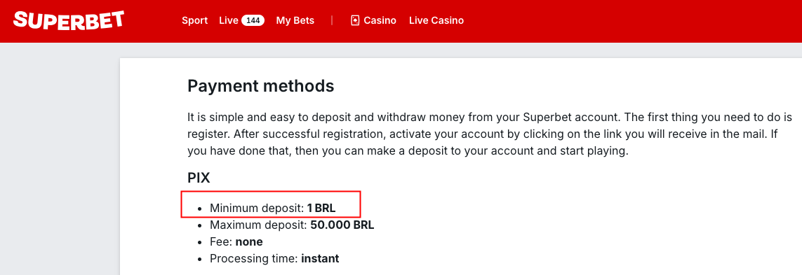 Superbet deposito minimo de 1 real