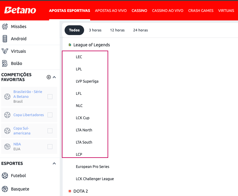 Quantidade de competições disponíveis para apostar