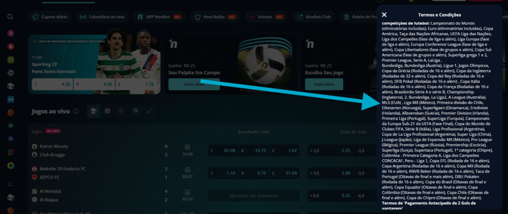 pagamento antecipado 2 gols competições aceitas