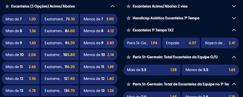 Oferta de mercados de escanteios Bet da Sorte