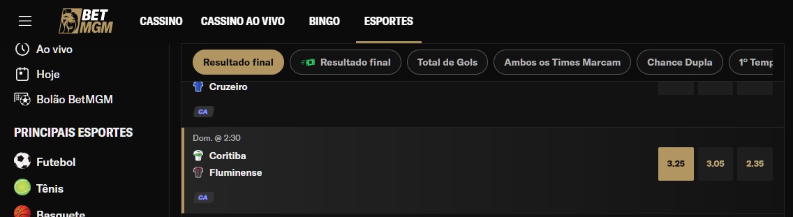 Ticket de aposta no BETMGM